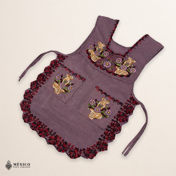 Reddish Mexican Embroidered Smock Apron – Floral Traditional Design for Women - Picture 7 of 8